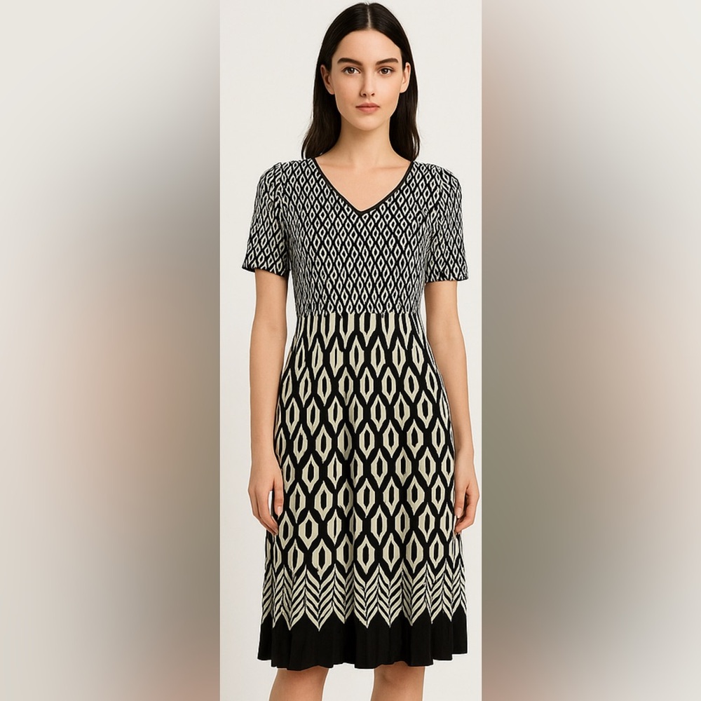 Pleated Geometric Print Midi Dress – Stretchy M/L black White Patterned Dress